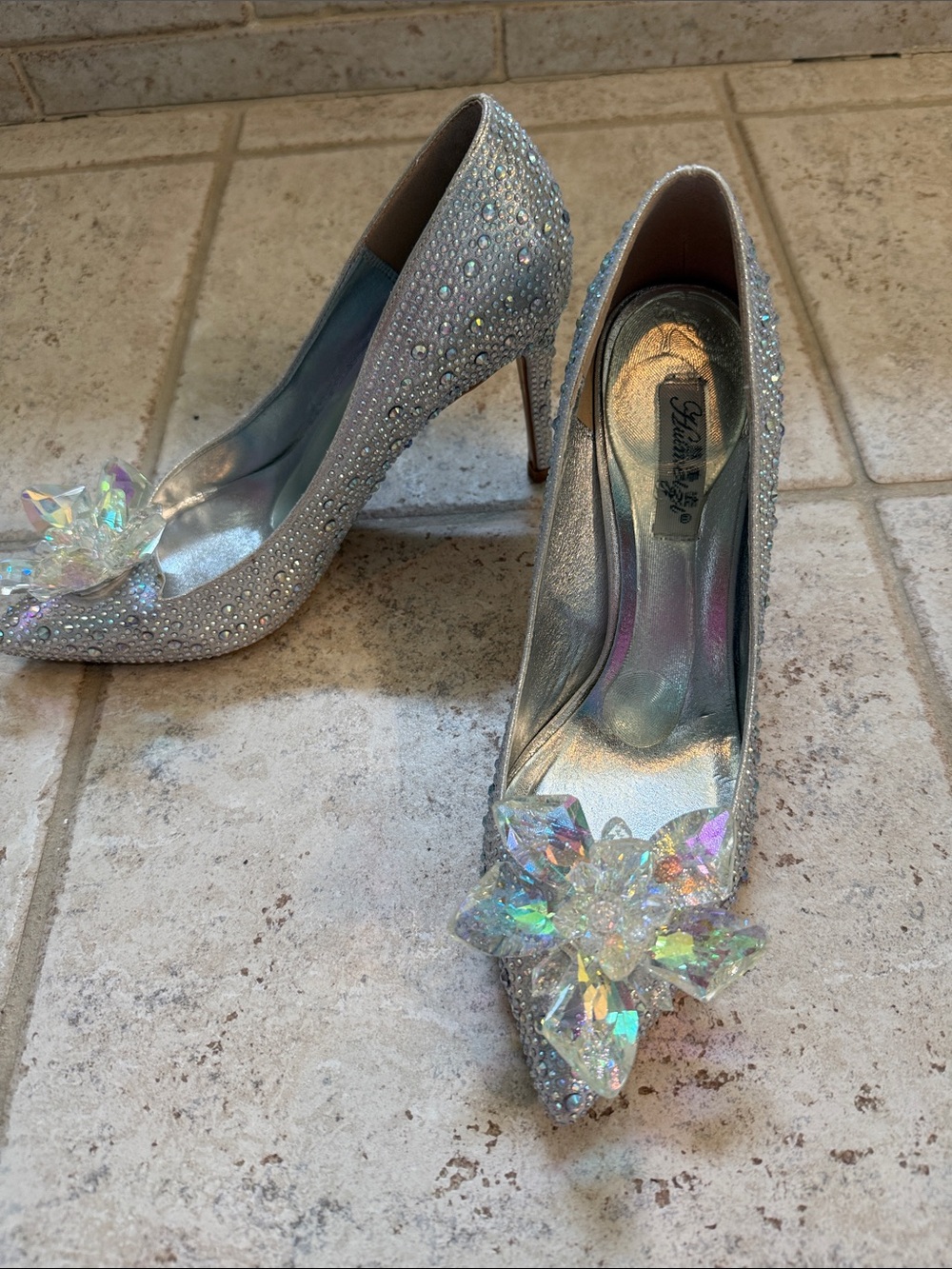 RARE! Cinderella Style Silver Crystal and Flower Embellished Pointed Toe Pumps